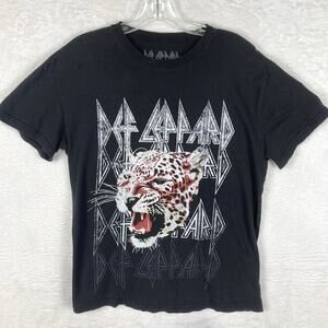 Def Leppard Womens M Black Logo Leopard Shirt Top 80s Retro Glam Hair Metal